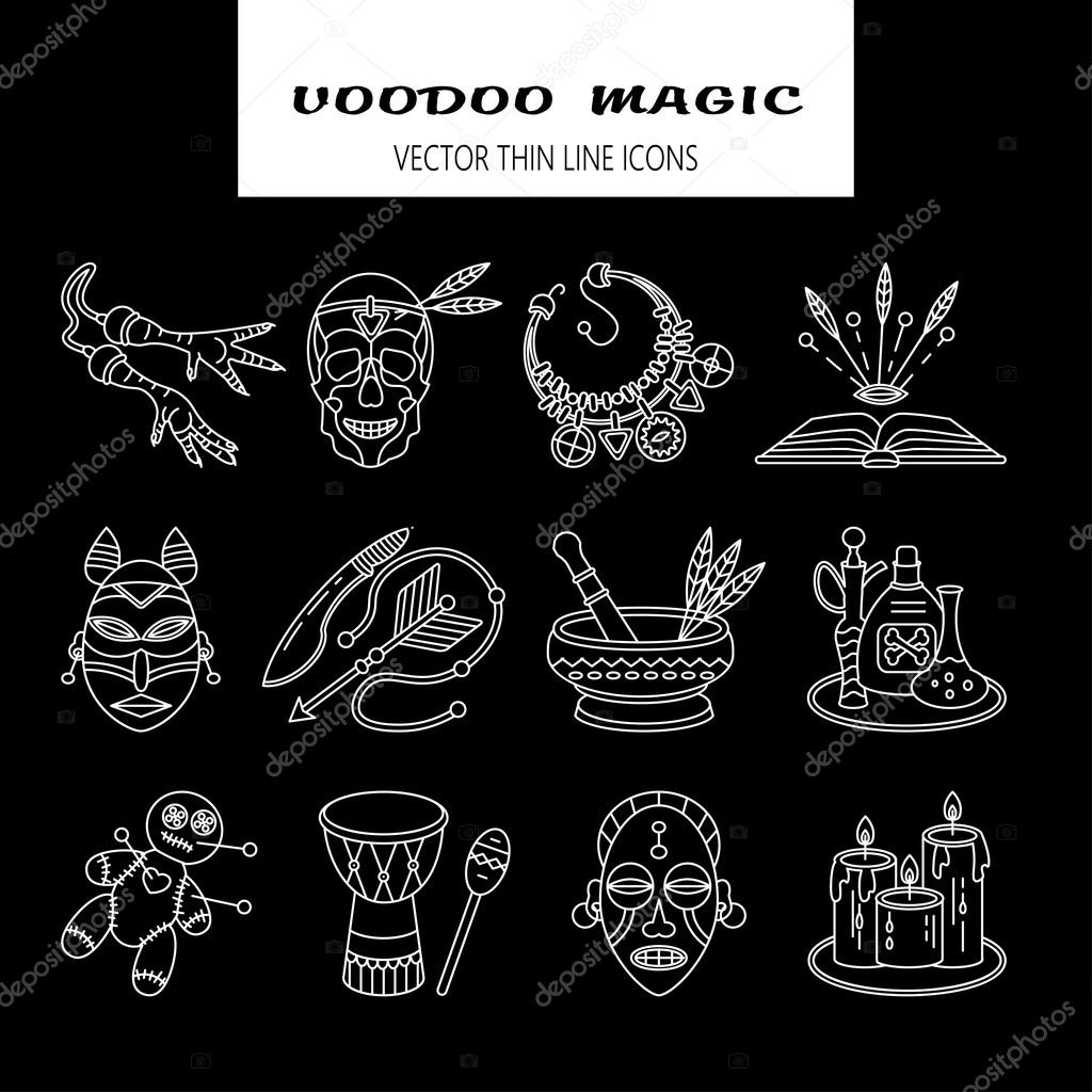 Voodoo African and American magic vector line icons. Voodoo doll, skull, chicken foot, necklace, poison, candles, drums, book a machete.