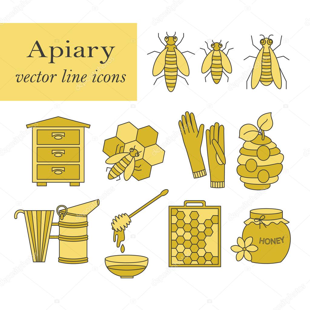 Apiary vector thin line icons set.