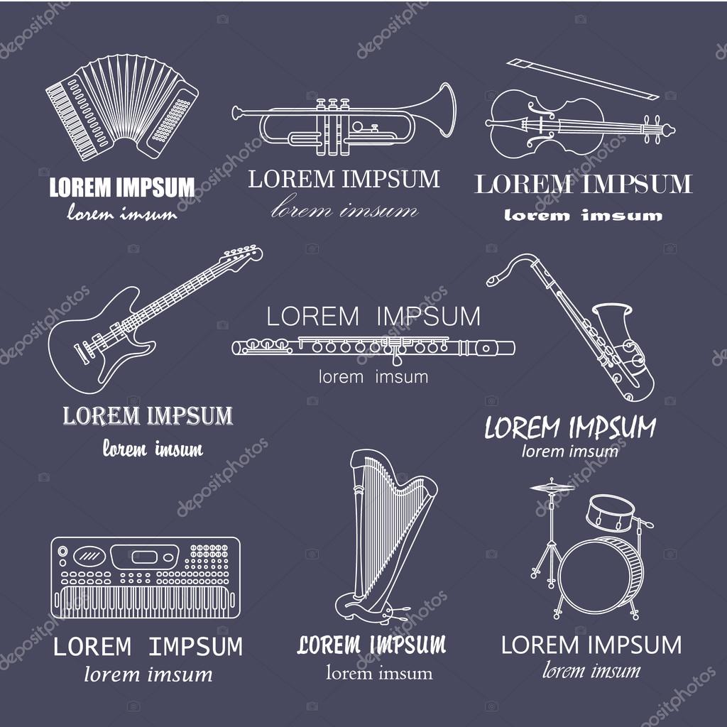 Vector thin line music logos synthesizer, drums, accordion, violin, trumpet, harp, drum, saxophone, electric guitar, flute.