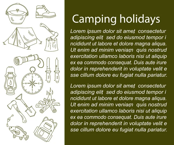 Camping tarjeta vector de vacaciones con iconos de línea — Vector de stock