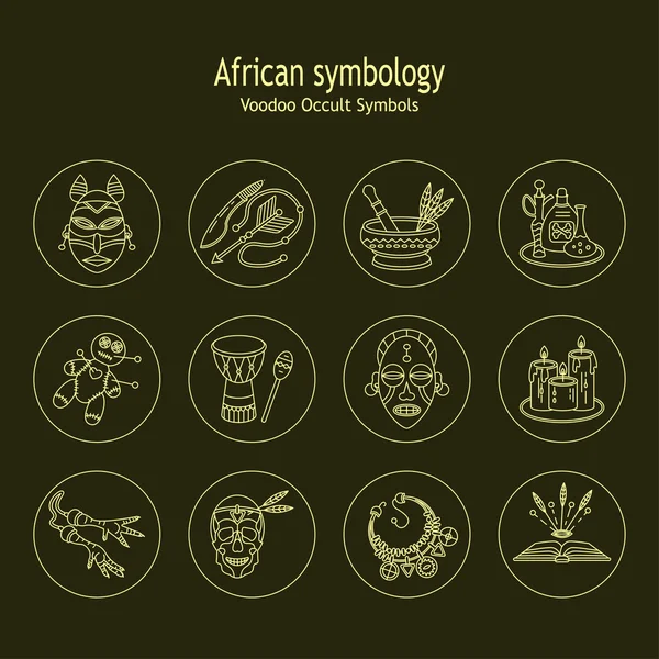 Voodoo Africano e ícones de linha vetor mágico americano . —  Vetores de Stock