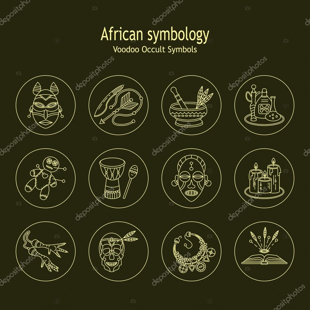 Voodoo African and American magic vector line icons. Voodoo doll, skull, chicken foot, necklace, poison, candles, drums, book a machete.