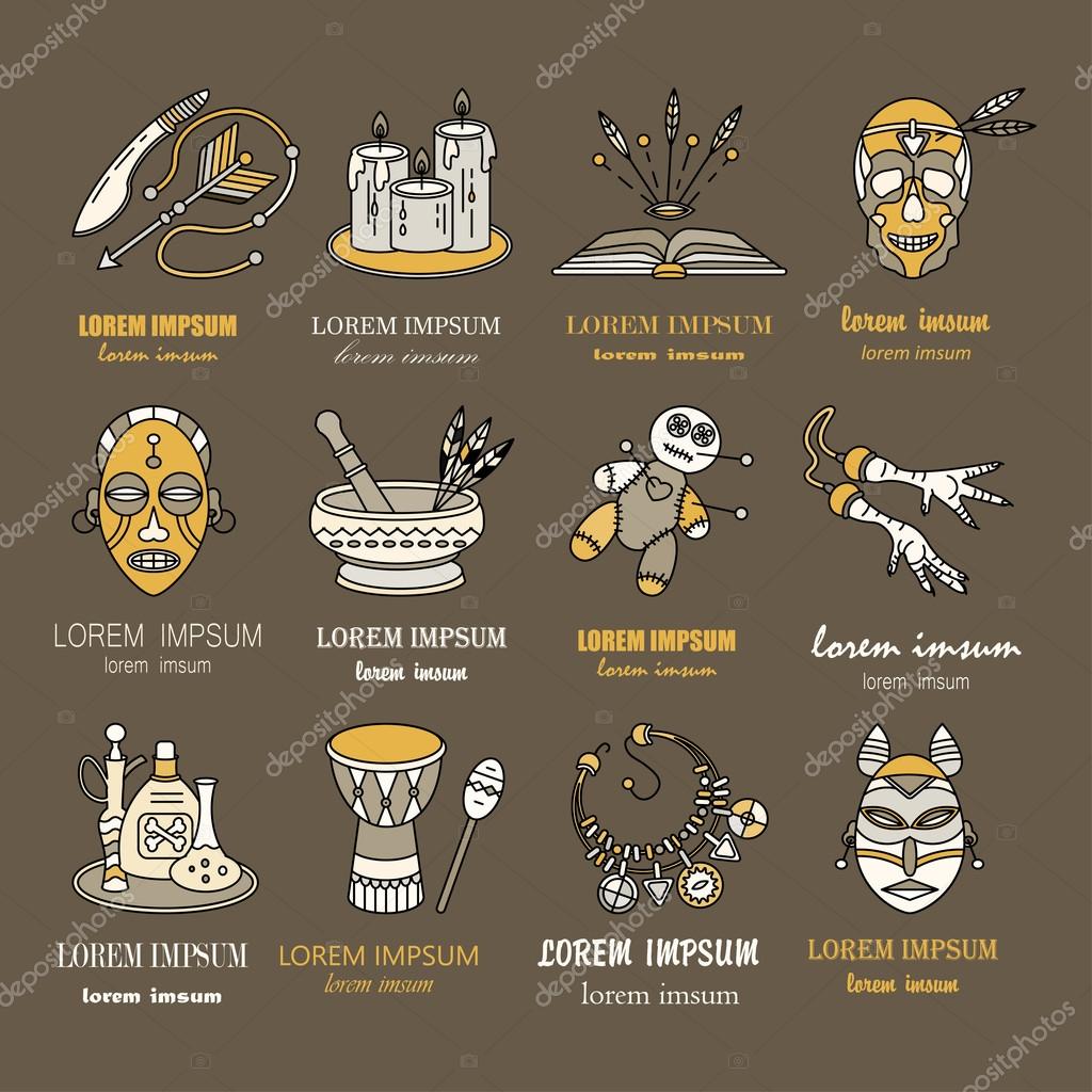 Voodoo African and American magic vector logo. Line icons of voodoo doll, skull, chicken foot, necklace, poison, candles, drums, book a machete.