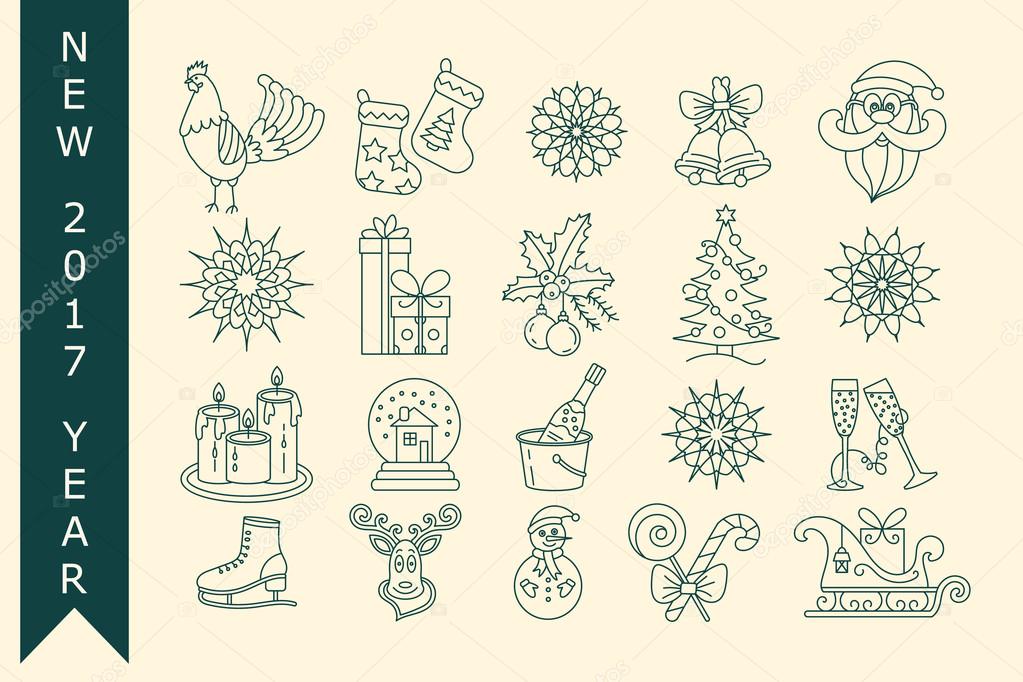 Christmas thin line icons set. Modern icons for New Year 2017 with winter and year symbols - snowflake, Santa, reindeer sleigh, champagne, ice skating, gifts, rooster, etc.