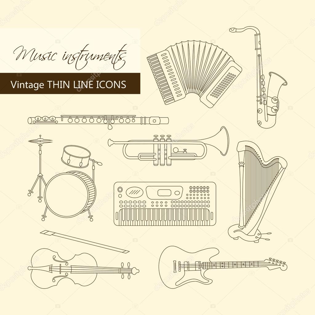 Vector thin line icons with different music instruments synthesizer, drums, accordion, violin, trumpet, harp, drum saxophone electric guitar flute piano