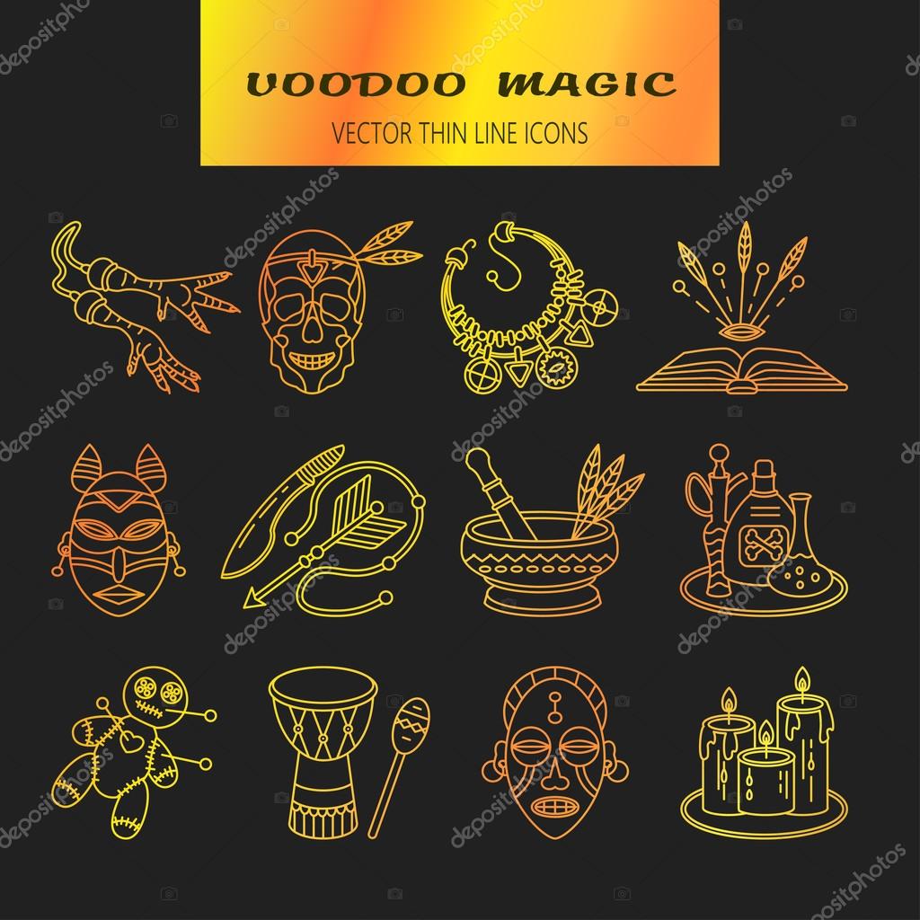 Voodoo African and American magic vector line icons. Voodoo doll, skull, chicken foot, necklace, poison, candles, drums, book a machete