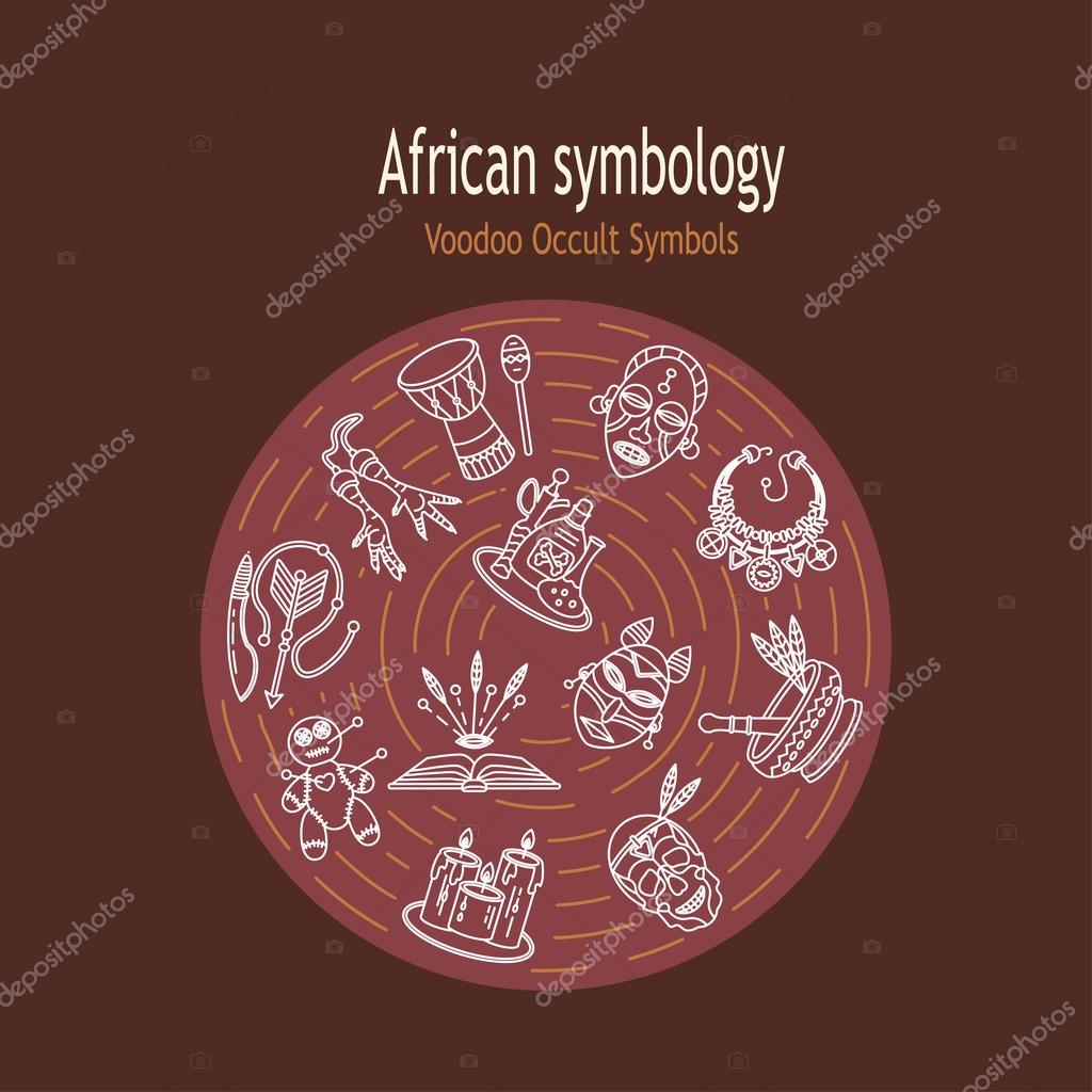 Modern card with voodoo magic vector line icons. Voodoo doll, skull, chicken foot, necklace, poison, candles, drums, book a machete