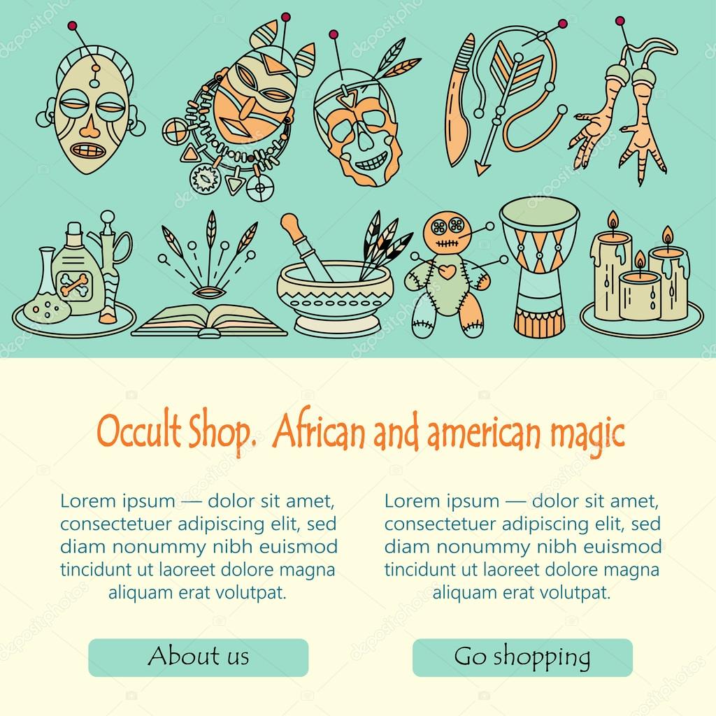 Voodoo magic web template. Mystic card with place for your text. Voodoo doll, skull, chicken foot, necklace, poison, candles, drums, book a machete.