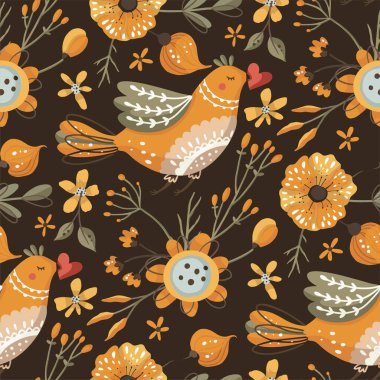 Kuş ve çiçek pürüzsüz vektör deseni.