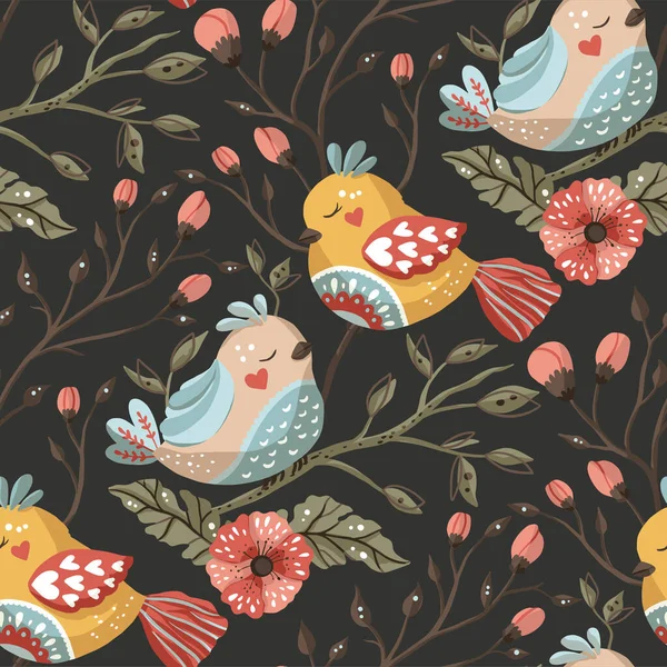 鳥と花のシームレスなベクトルパターン. — ストックベクタ
