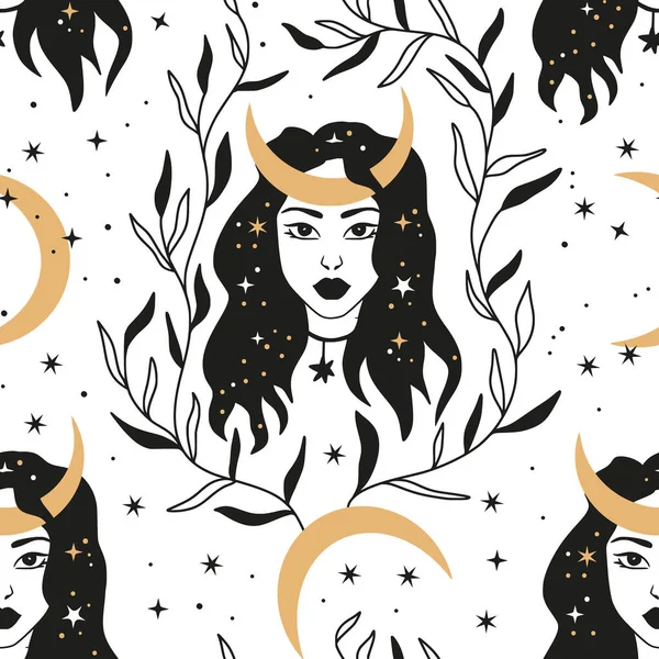 Woman celestial seamless pattern. — Stock Vector