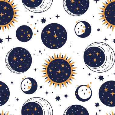Gezegen yıldızı, güneş ve ay vektörü astroloji astronomi lüks gökyüzü kusursuz desen. 