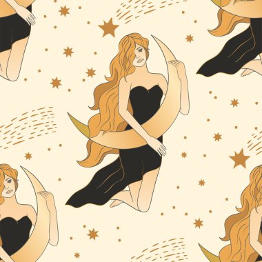 Göksel kadın ve ay ezoterik altın pürüzsüz desen. 