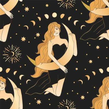Göksel kadın ve ay ezoterik altın pürüzsüz desen. 