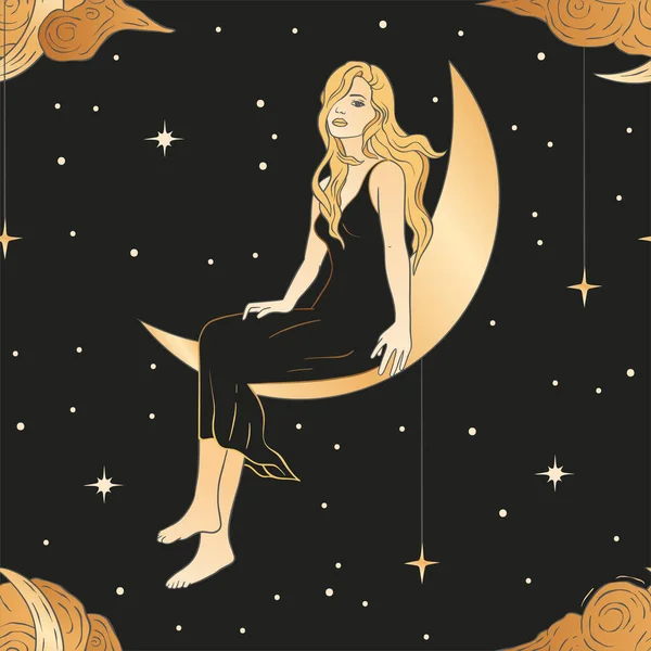 Mulher celestial e lua padrão esotérico dourado sem costura. — Vetor de Stock