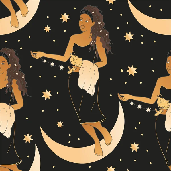 Celestial mujer y la luna esotérico patrón dorado sin costuras. — Vector de stock