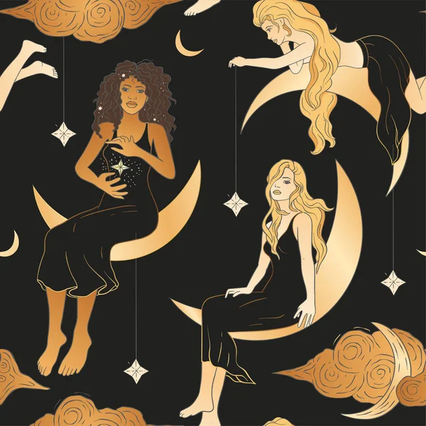 Celestial woman and moon esoteric golden seamless pattern. — Stock Vector