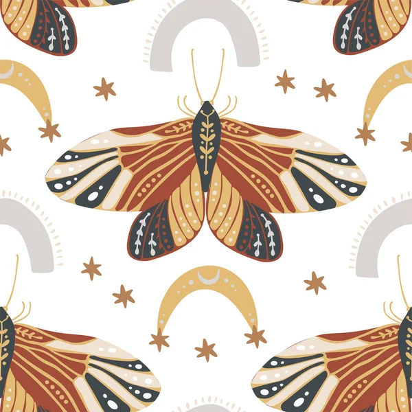 Boho vlinder naadloos patroon op een witte achtergrond. — Stockvector
