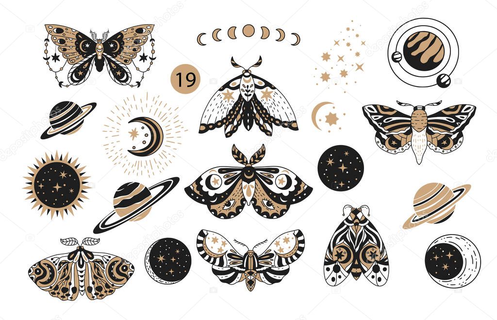 Bohemian boho butterfly decorative vector logo set.