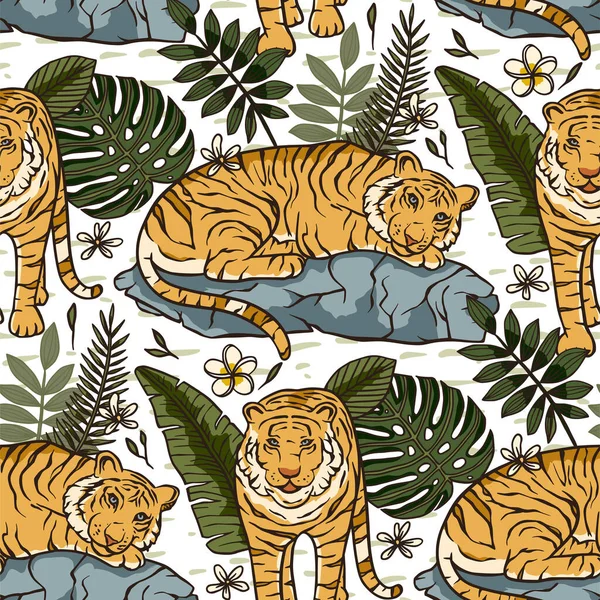 Jungle tiger exotic tropical seamless pattern. — Stock Vector