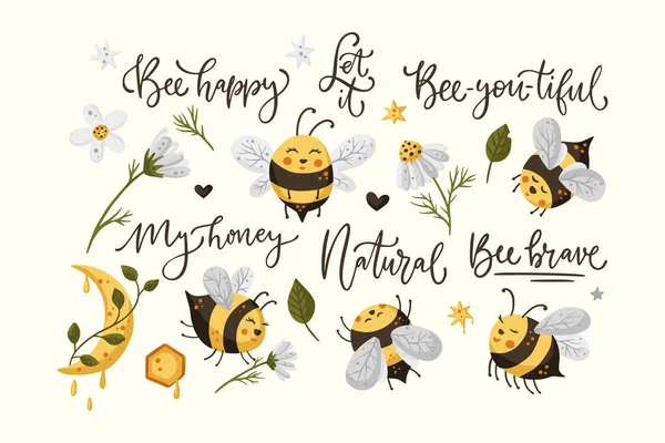 Roztomilý med včela legrační ilustrační set. — Stockový vektor