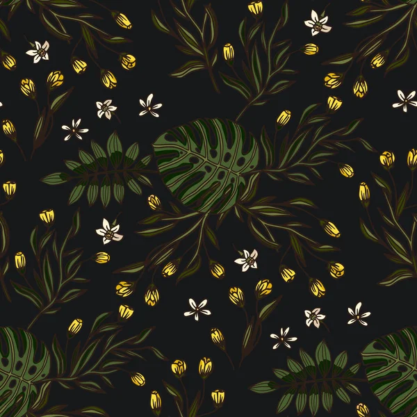 Тропічний жовтий квітковий безшовний візерунок на чорному тлі . — стоковий вектор