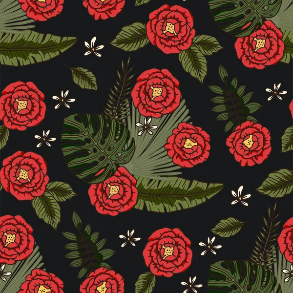 붉은 열대 장미 히비스커스 꽃, 왕성 한 바다오리 무늬. — 스톡 벡터