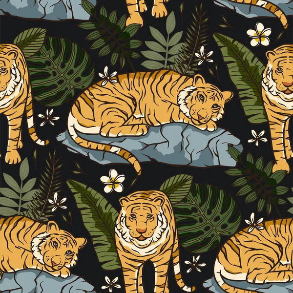 Esotico animale tropicale selvaggio tigre modello senza soluzione di continuità. — Vettoriale Stock