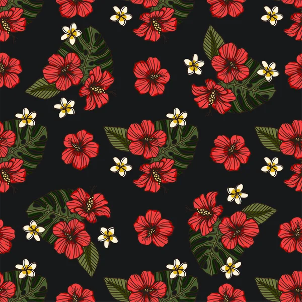 Rojo flor de hibisco tropical patrón sin costura. — Vector de stock