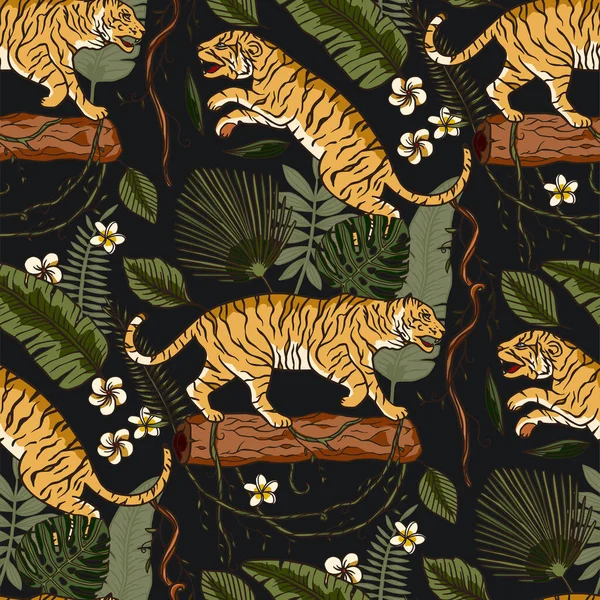 Esotico animale tropicale selvaggio tigre modello senza soluzione di continuità. — Vettoriale Stock