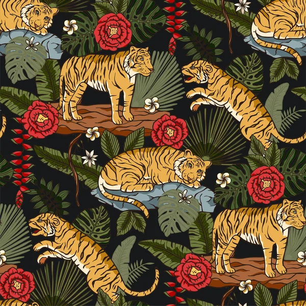 Exotische tropische dier wilde tijger naadloos patroon. — Stockvector
