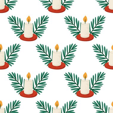 Beyaz Arkaplanda Yeşil Çam dalları ve Şenlikli Kusursuz Noel Şablonu