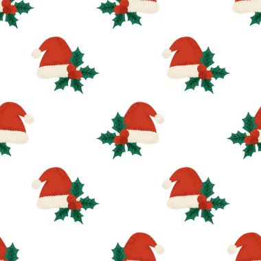Noel Baba Şapkası Kusursuz Tatil Şablonu Kırmızı Şapkalar ve Holly Yeşilliği Beyaz Noel Arkaplanında