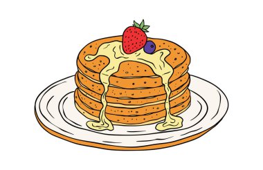 Tabakta şurup olan çilekli krep. Çizgi roman çizimi, vektör illüstrasyonu.