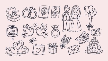 Wedding Doodle Sketch Simgesi Eski Parti Sevgi, Yüzük ve Kutlama Elementleri