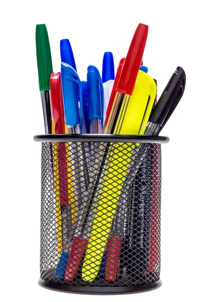 Stylos et crayons en support noir pour stylos — Photo