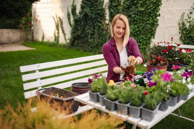 Bir kadın güneşli bir günde gelişen bahçesine bakar..