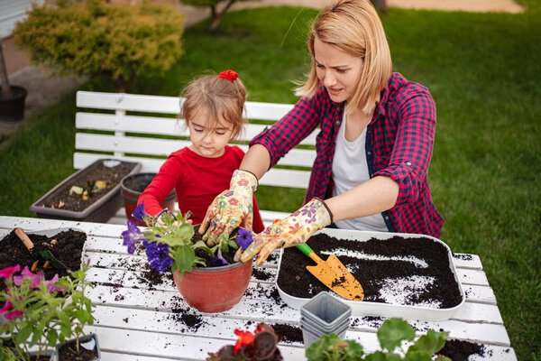 A mother and daughter bond while planting flowers together.