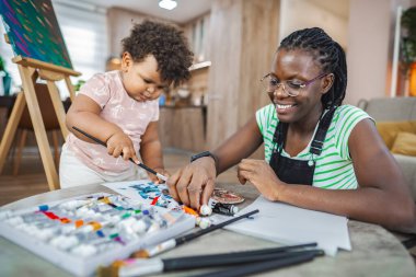 Neşeli bir anne ve çocuğu birlikte resim yapmayı keşfediyorlar..