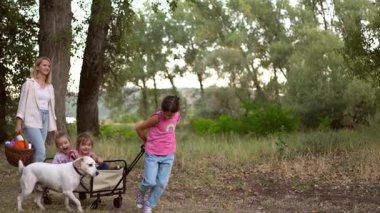 Gülen kız kardeşleriyle yük arabası çeken bir kız, doğanın içinde anne ve köpek yürüyordu.