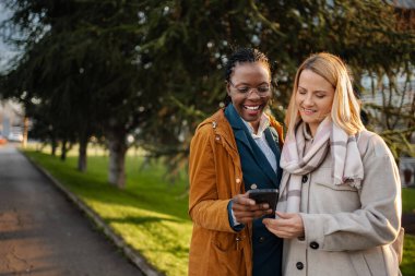 İki farklı kadın arkadaş güneşli bir günün tadını çıkarıyor, açık havada bir akıllı telefonu paylaşıyorlar.