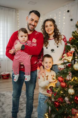 Tatillerde Noel ağacı süsleme yaparken aile pozu