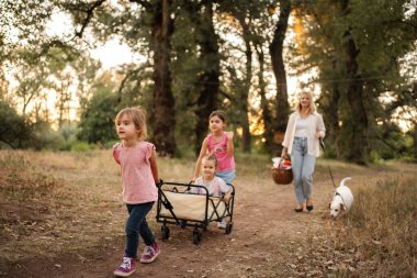 Mutlu bir aile ormanda yürüyor, yük arabası çekiyor ve piknik sepeti taşıyor.
