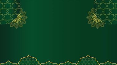 Altın renkli, eski moda mandala çiçekli barok. Altın kubbe animasyon süslemesi. Yatay arka plan. Koyu yeşil gradyan animasyonunda altın çiçek deseni.