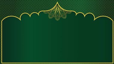 Altın renkli, eski moda mandala çiçekli barok. Altın kubbe animasyon süslemesi. Yatay arka plan. Koyu yeşil gradyan animasyonunda altın çiçek deseni.