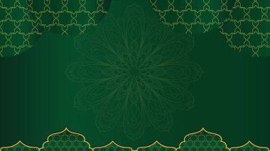 Altın renkli, eski moda mandala çiçekli barok. Altın kubbe animasyon süslemesi. Yatay arka plan. Koyu yeşil gradyan animasyonunda altın çiçek deseni.