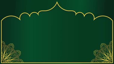 Altın renkli, eski moda mandala çiçekli barok. Altın kubbe animasyon süslemesi. Yatay arka plan. Koyu yeşil gradyan animasyonunda altın çiçek deseni.