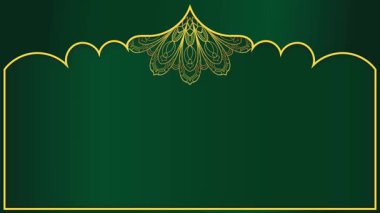 Altın renkli, eski moda mandala çiçekli barok. Altın kubbe animasyon süslemesi. Yatay arka plan. Koyu yeşil gradyan animasyonunda altın çiçek deseni.