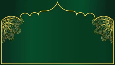 Altın renkli, eski moda mandala çiçekli barok. Altın kubbe animasyon süslemesi. Yatay arka plan. Koyu yeşil gradyan animasyonunda altın çiçek deseni.