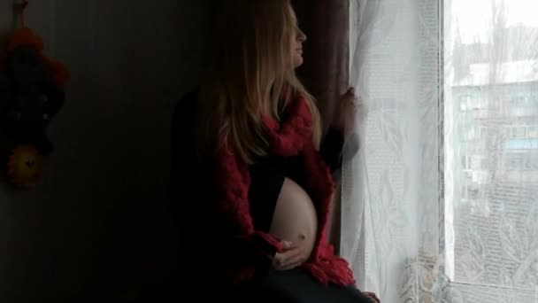 En gravid kvinna som sitter nära fönstret. — Stockvideo